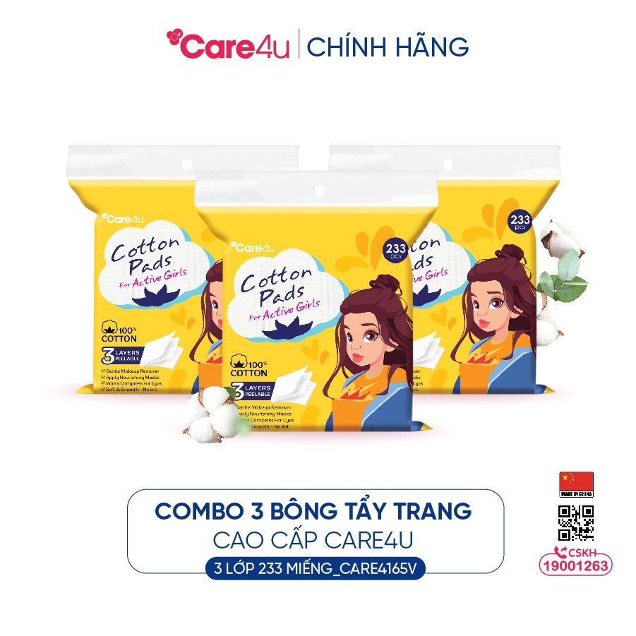 Combo 3 Bông tẩy trang cao cấp Care4u 3 lớp 233 miếng_CARE4165V