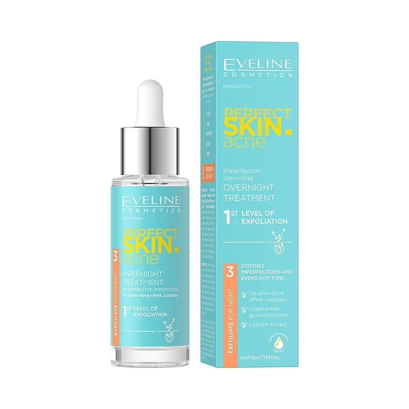 Tinh chất Eveline Perfect Skin Acne AHA BHA PHA hỗ trợ điều trị mụn 30ML