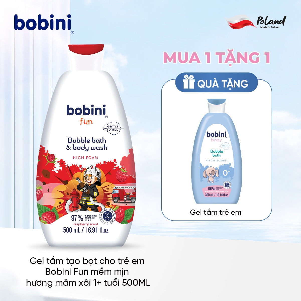 Gel tắm trẻ em tạo bọt Bobini Fun mềm mịn hương mâm xôi 1+ tuổi 500ML