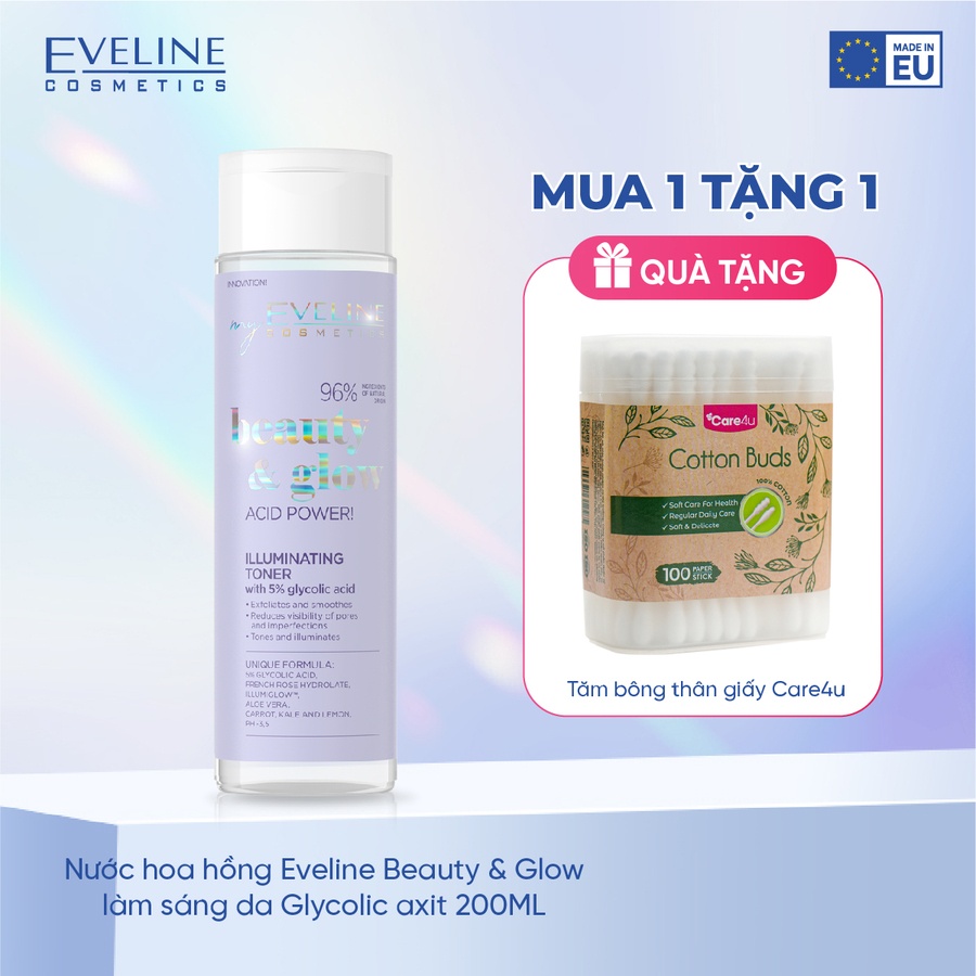 Nước hoa hồng Eveline Beauty & Glow làm sáng da Glycolic axit 200ML