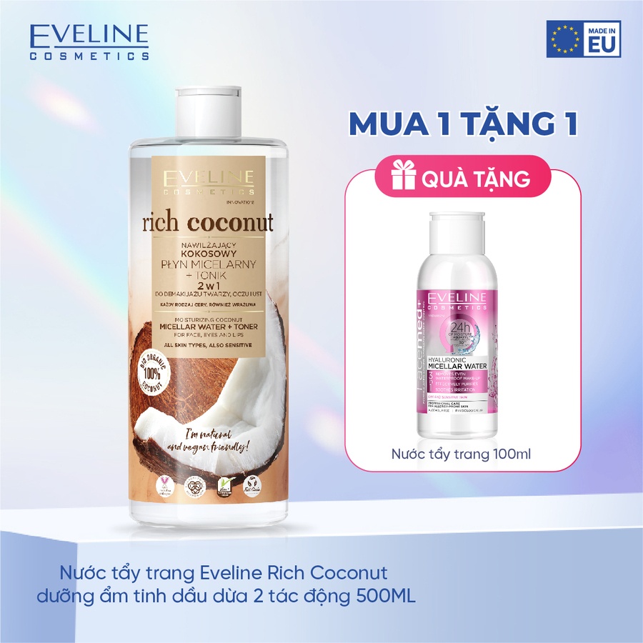 Nước tẩy trang Eveline Rich Coconut dưỡng ẩm tinh dầu dừa 2 tác động 500ML