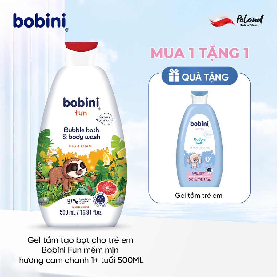 Gel tắm trẻ em tạo bọt Bobini Fun mềm mịn hương cam chanh 1+ tuổi 500ML