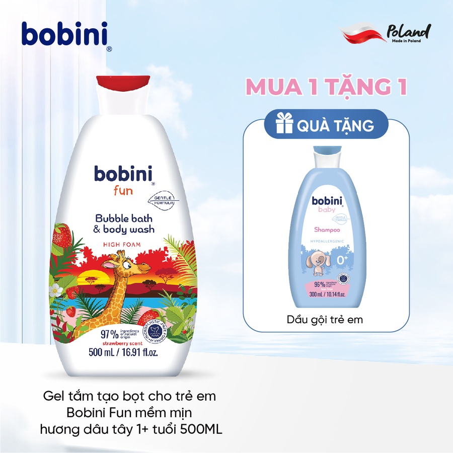 Gel tắm trẻ em tạo bọt Bobini Fun mềm mịn hương dâu tây 1+ tuổi 500ML