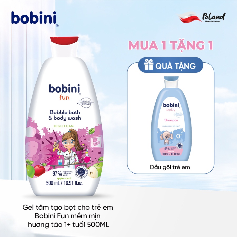 Gel tắm trẻ em tạo bọt Bobini Fun mềm mịn hương táo 1+ tuổi 500ML