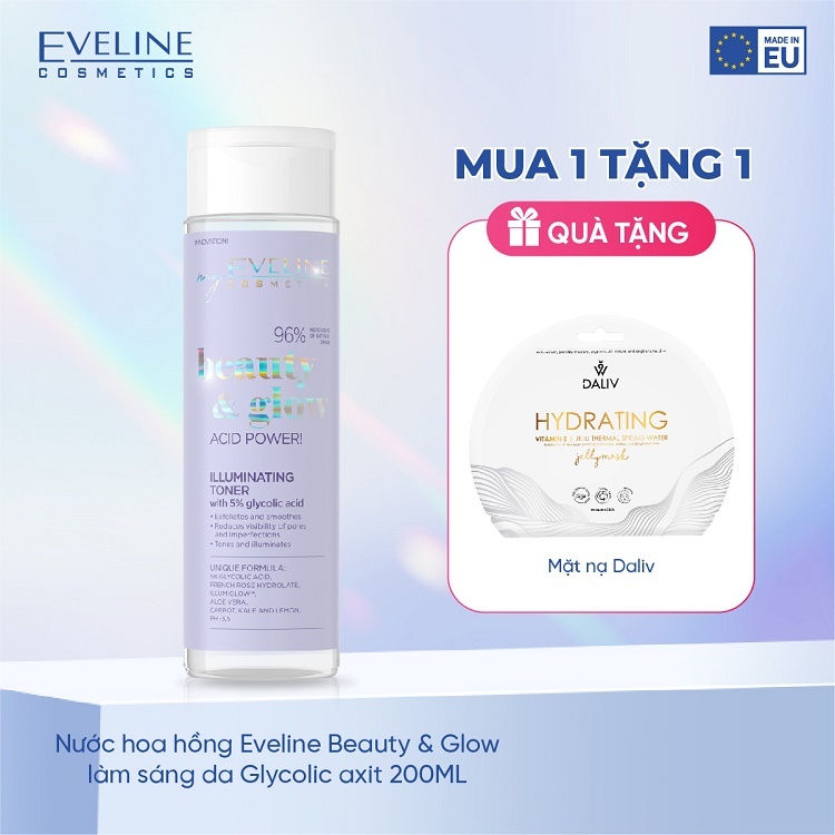 Nước hoa hồng Eveline Beauty & Glow làm sáng da Glycolic axit 200ML