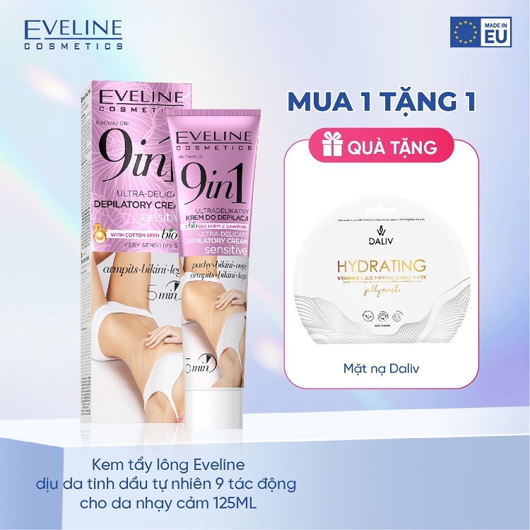 Kem tẩy lông Eveline dịu da tinh dầu tự nhiên 9 tác động cho da nhạy cảm 125ML