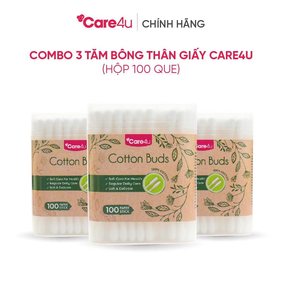 Combo 3 Tăm bông thân giấy Care4u 100 que