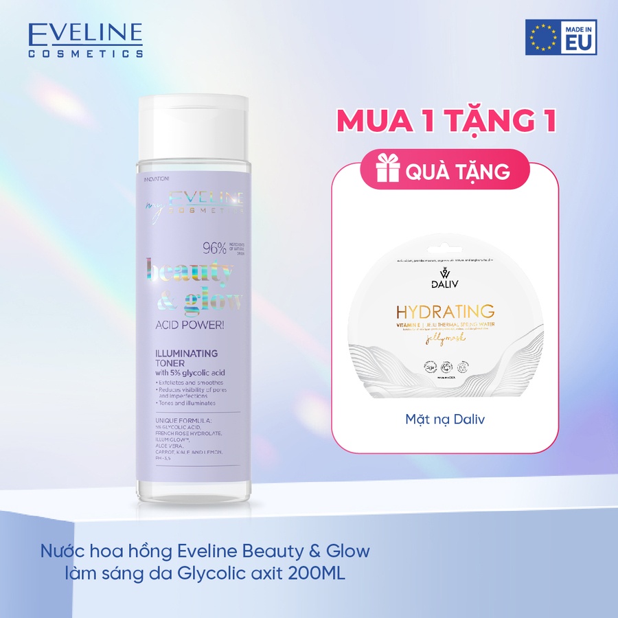 Nước hoa hồng Eveline Beauty & Glow làm sáng da Glycolic axit 200ML