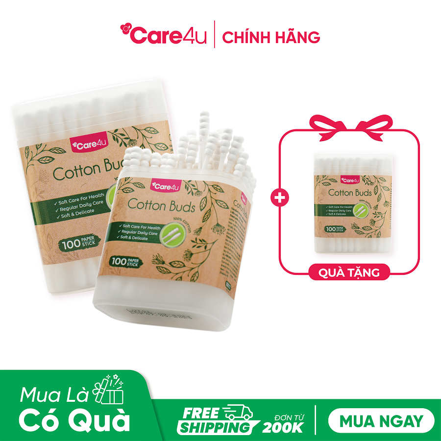 [Mua 2 tặng 1] Combo 2 Tăm bông thân giấy Care4u 100 que (CARE1258)