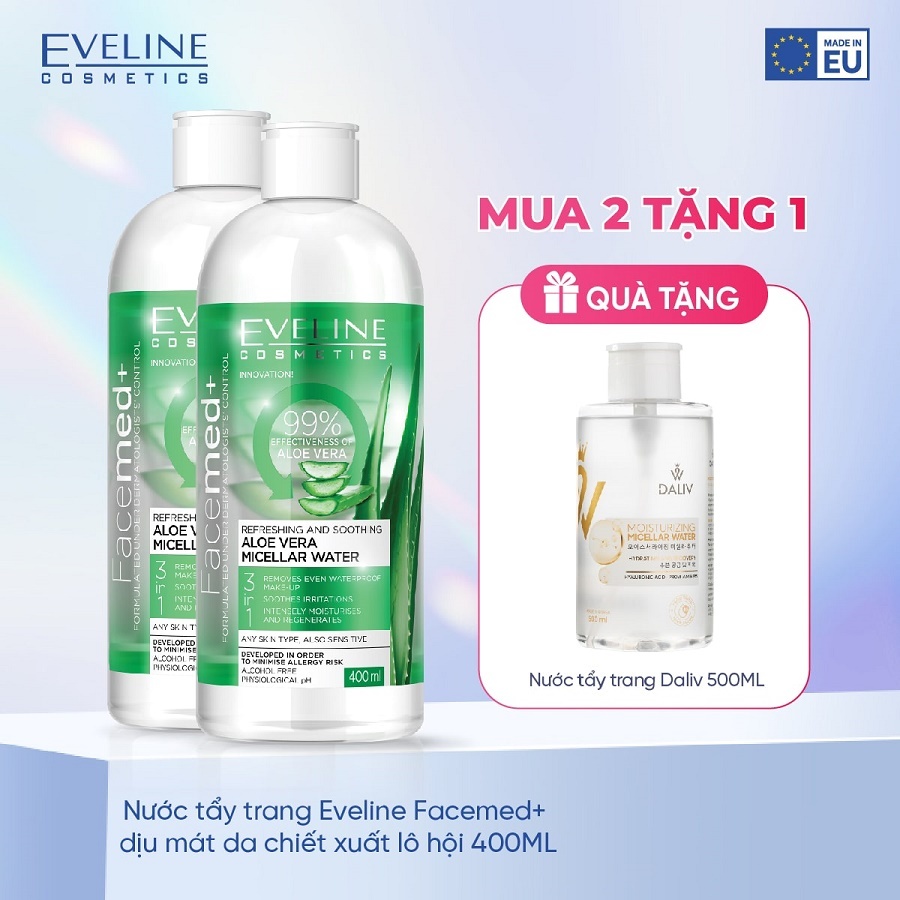 Combo 2 Nước tẩy trang Eveline Facemed+ dịu mát da chiết xuất lô hội 400ML (EVEL5883)