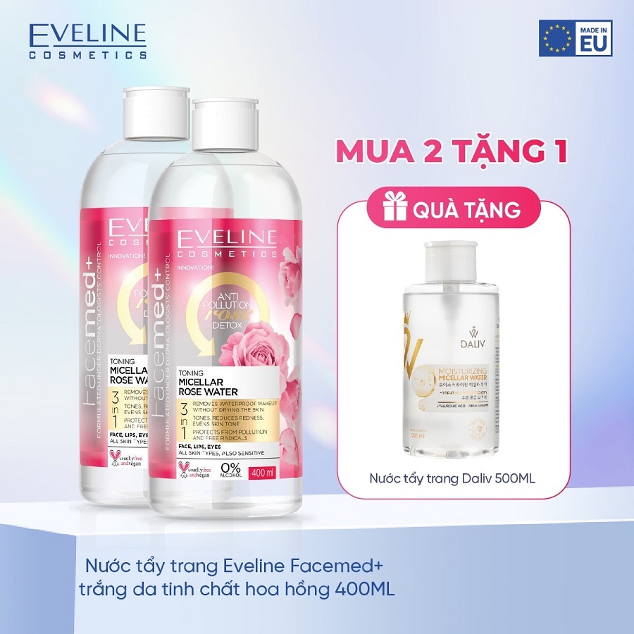 Combo 2 Nước tẩy trang Eveline Facemed+ trắng da tinh chất hoa hồng 400ML (EVEL2283)