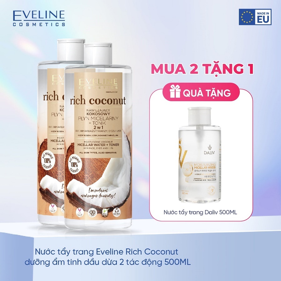 Combo 2 Nước tẩy trang Eveline Rich Coconut dưỡng ẩm tinh dầu dừa 2 tác động 500ML (EVEL2686)
