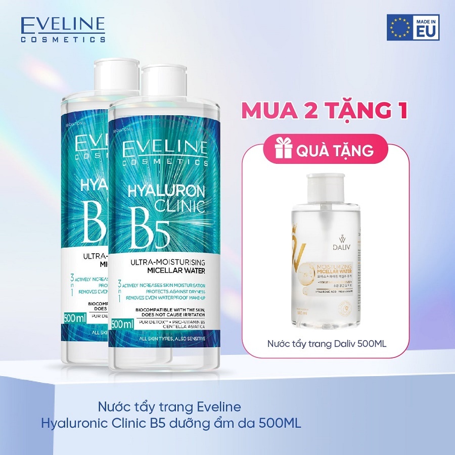 Combo 2 Nước tẩy trang Eveline Hyaluron Clinic B5 dưỡng ẩm da 500ML (EVEL8831)
