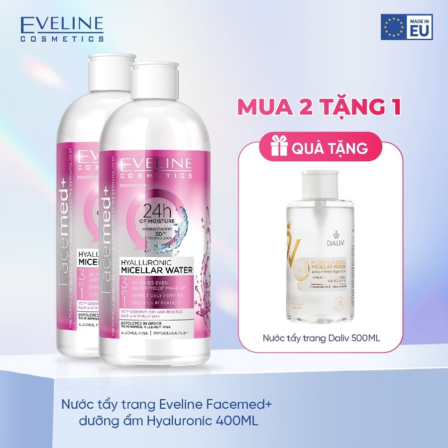 Combo 2 Nước tẩy trang Eveline Facemed+ dưỡng ẩm Hyaluronic 400ML (EVEL1926)