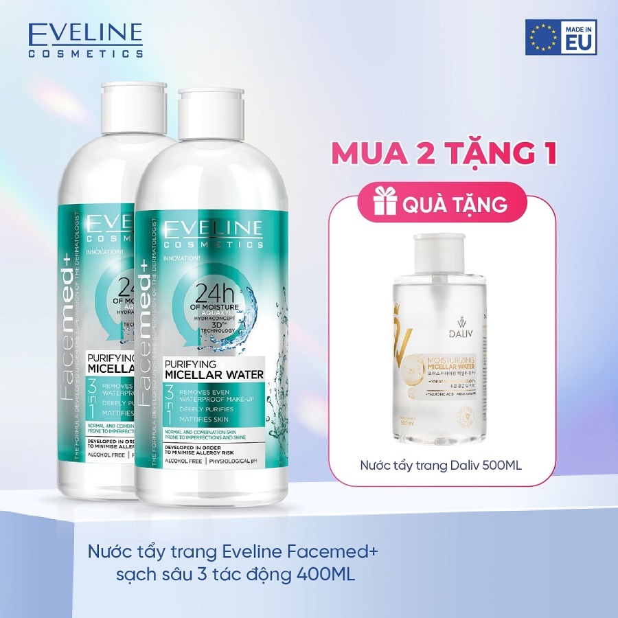 Combo 2 Nước tẩy trang Eveline Facemed+ sạch sâu 3 tác động 400ML (EVEL1940)