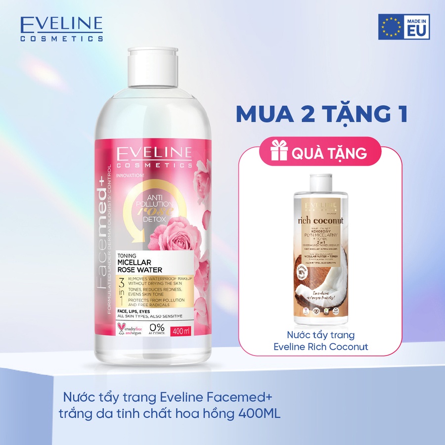 Combo 2 Nước tẩy trang Eveline Facemed+ trắng da tinh chất hoa hồng 400ML (EVEL2283)