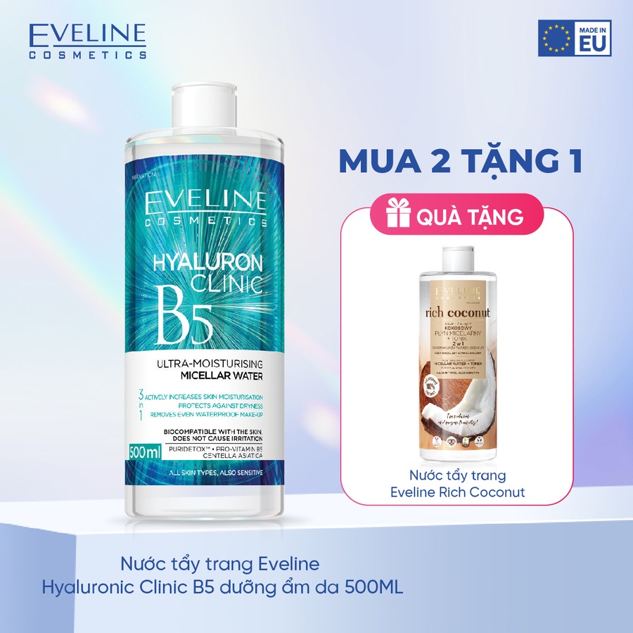 Combo 2 Nước tẩy trang Eveline Hyaluron Clinic B5 dưỡng ẩm da 500ML (EVEL8831)