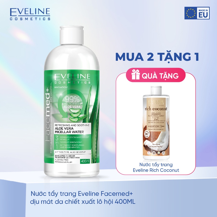 Combo 2 Nước tẩy trang Eveline Facemed+ dịu mát da chiết xuất lô hội 400ML (EVEL5883)
