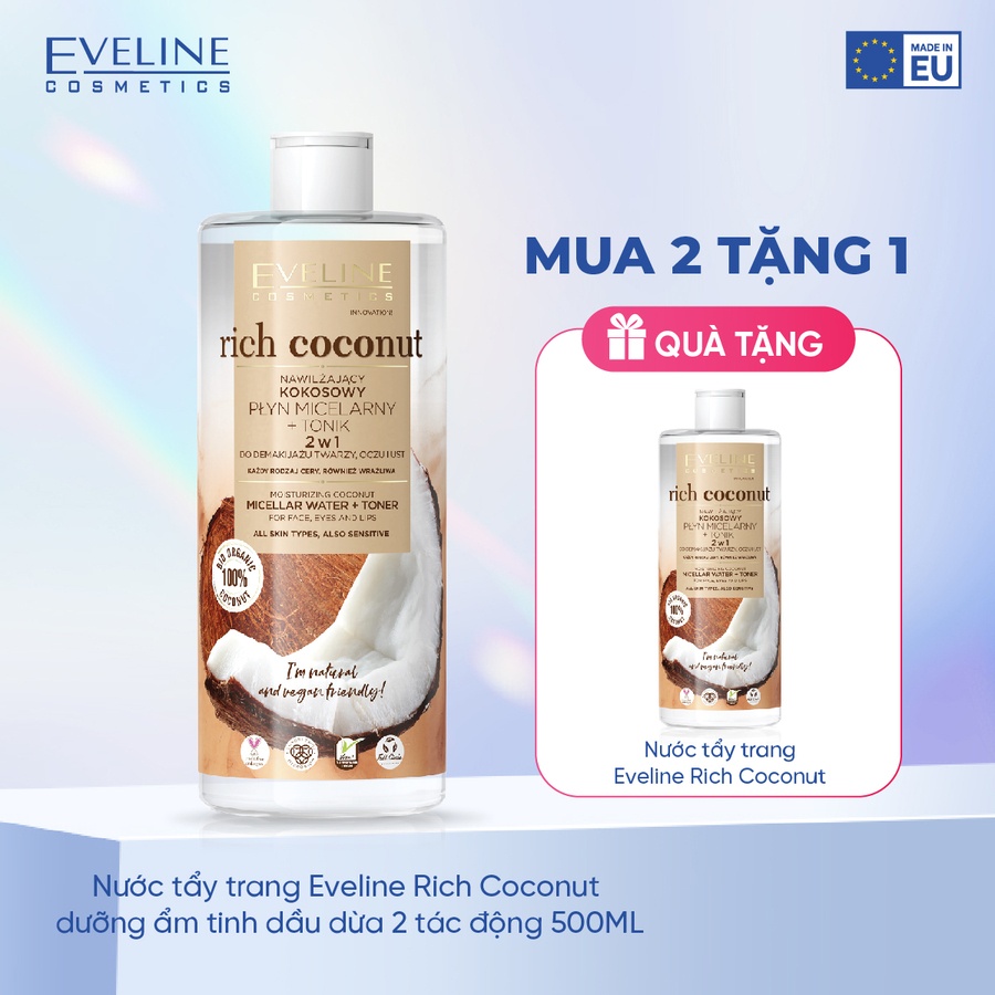 Combo 2 Nước tẩy trang Eveline Rich Coconut dưỡng ẩm tinh dầu dừa 2 tác động 500ML (EVEL2686)