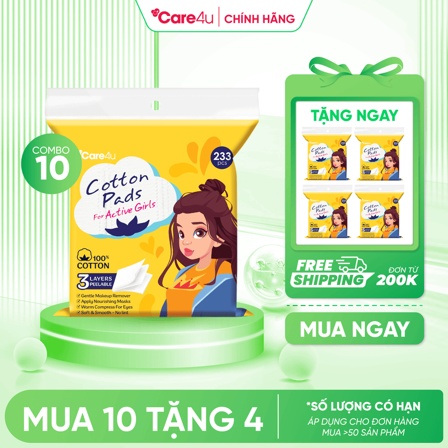 [Mua 10 tặng 4] Combo 10 Bông tẩy trang cao cấp Care4u 3 lớp 233 miếng_CARE4165V