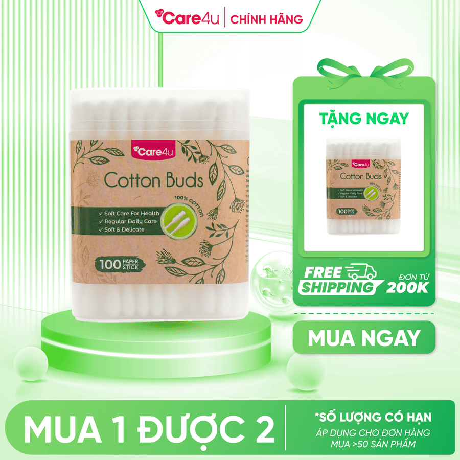 [Mua 1 tặng 1] Tăm bông thân giấy Care4u 100 que