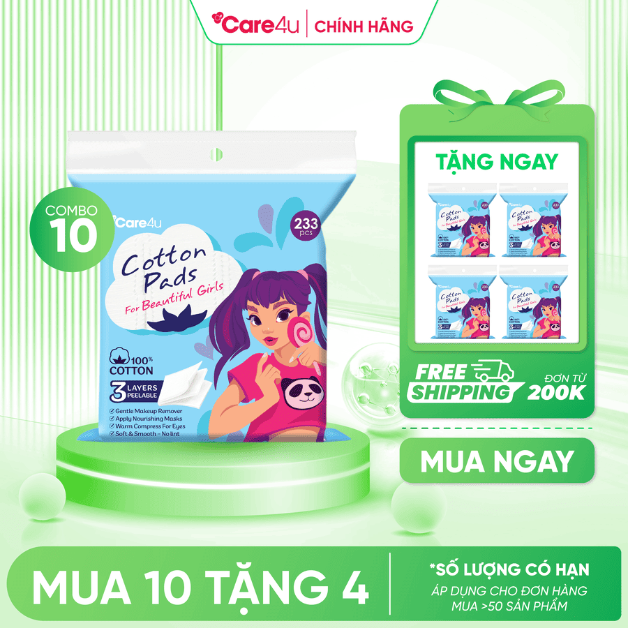 [Mua 10 tặng 4] Combo 10 Bông tẩy trang cao cấp Care4u 3 lớp 233 miếng_CARE4165X