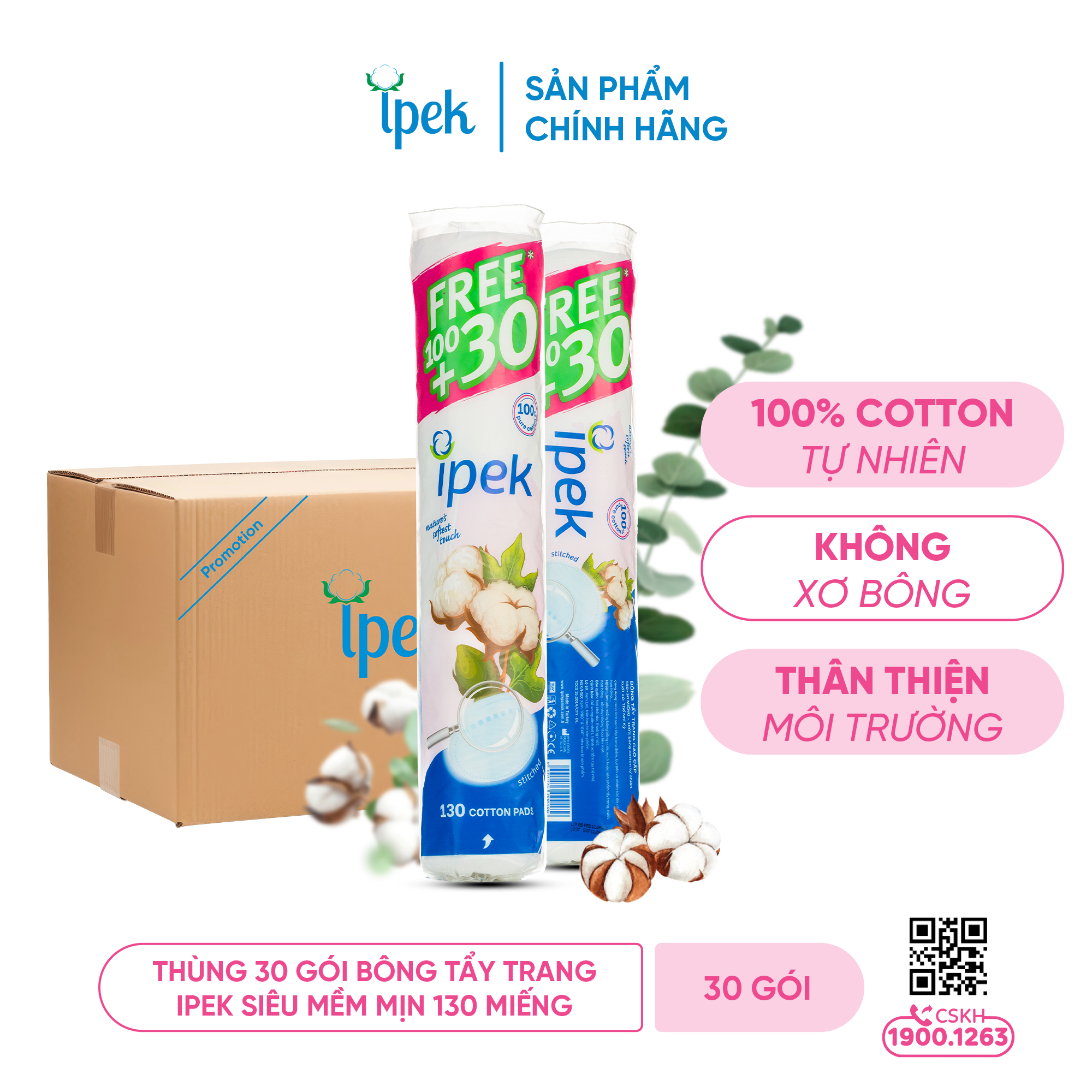 Thùng 30 gói bông tẩy trang Ipek siêu mềm mịn 130 miếng (IPEK0018)