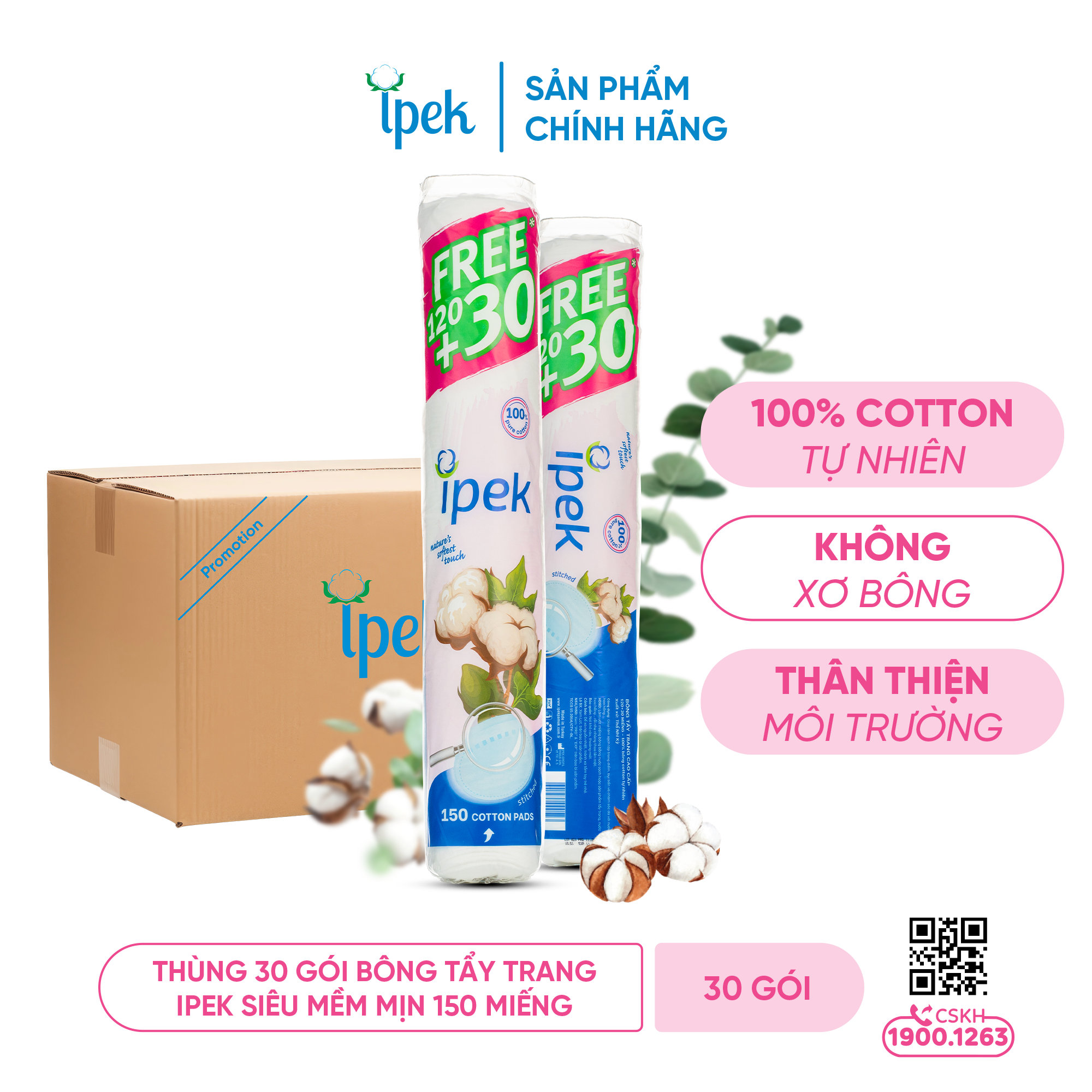 Thùng 30 gói bông tẩy trang Ipek siêu mềm mịn 150 miếng (IPEK0052)