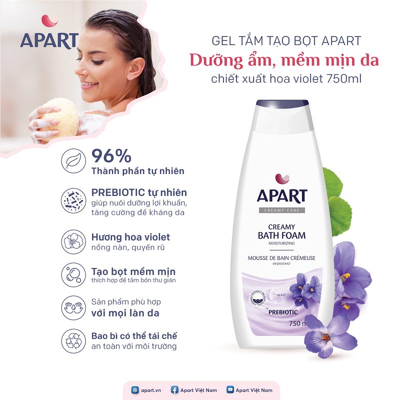 Gel tắm tạo bọt Apart dưỡng ẩm, mềm mịn da chiết xuất hoa violet 750ML 1