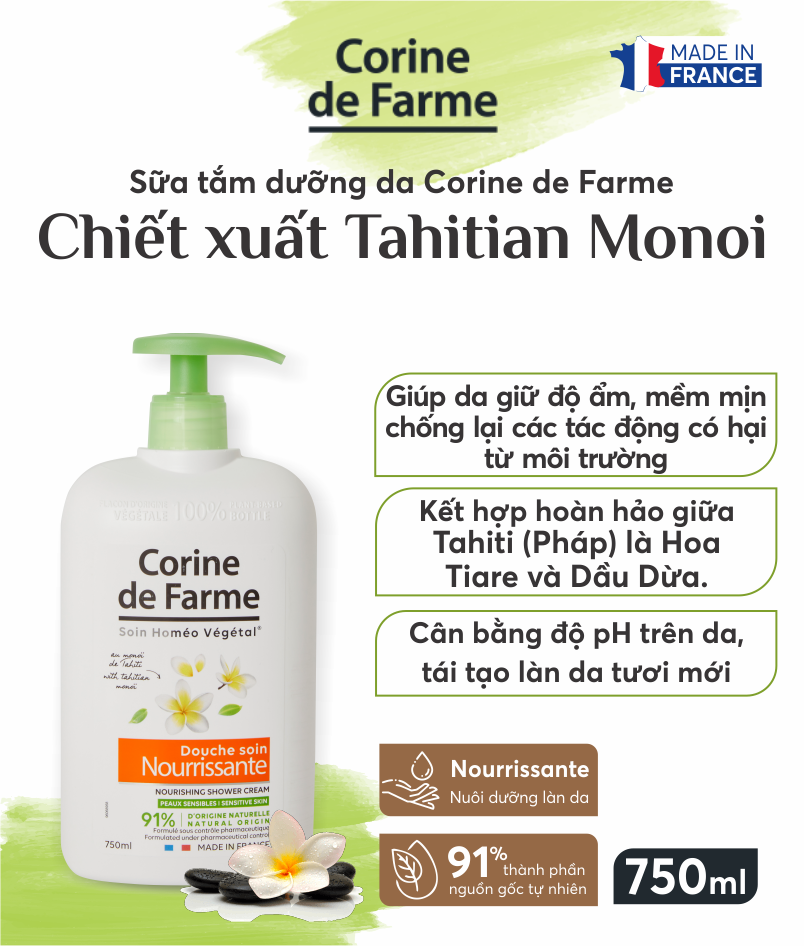 Sữa tắm dưỡng da Corine de Farme tinh chất Tahitian Monoi 750ML 1