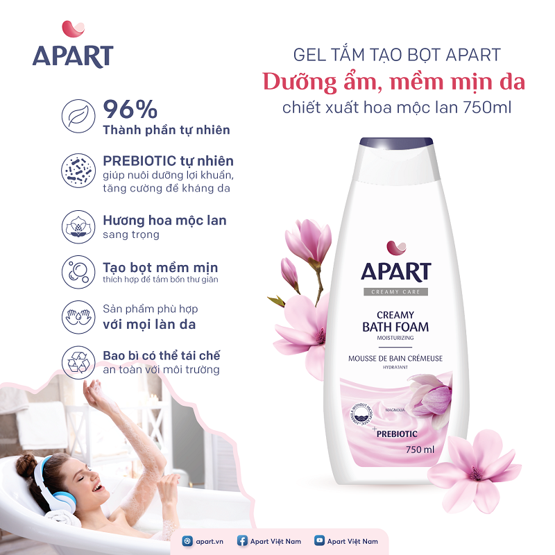 Gel tắm tạo bọt Apart dưỡng ẩm, mềm mịn da chiết xuất hoa mộc lan 750ML 1