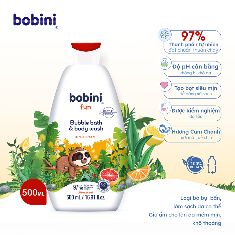 Gel tắm trẻ em tạo bọt Bobini Fun mềm mịn hương cam chanh 1+ tuổi 500ML 1