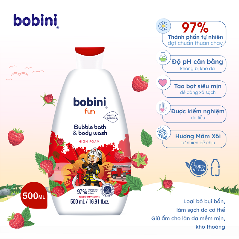 Gel tắm trẻ em tạo bọt Bobini Fun mềm mịn hương mâm xôi 1+ tuổi 500ML 1