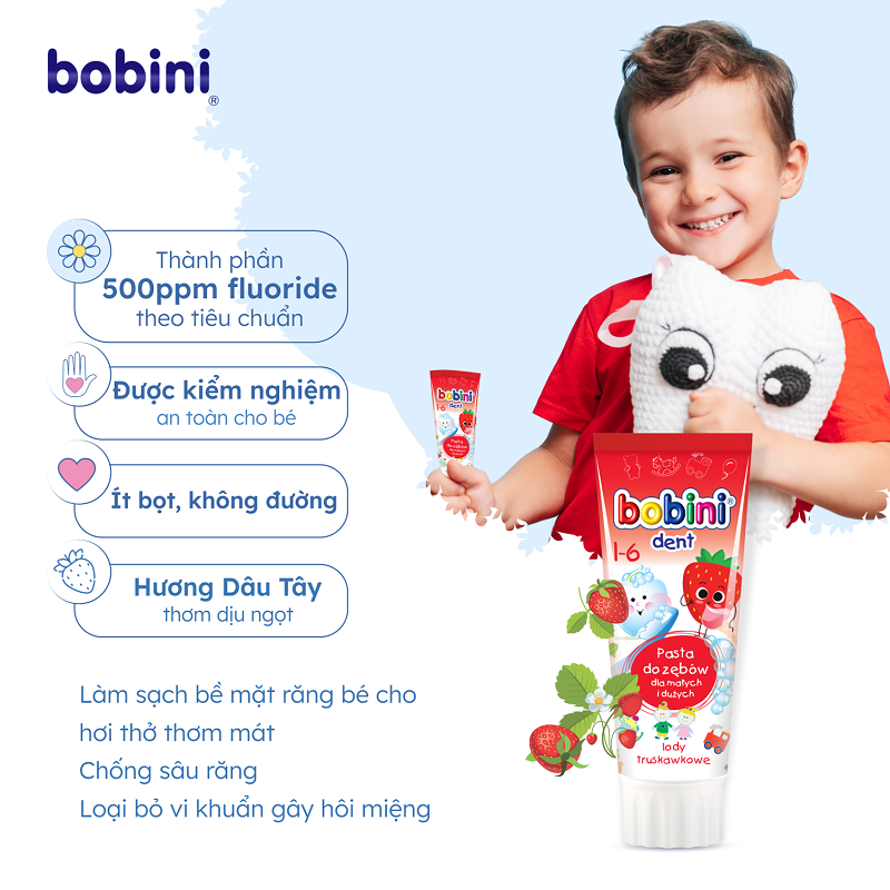 Kem đánh răng trẻ em Bobini hương kem dâu 1-6 tuổi 75ML 1