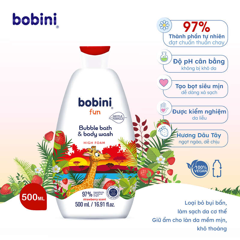 Gel tắm trẻ em tạo bọt Bobini Fun mềm mịn hương dâu tây 1+ tuổi 500ML 1