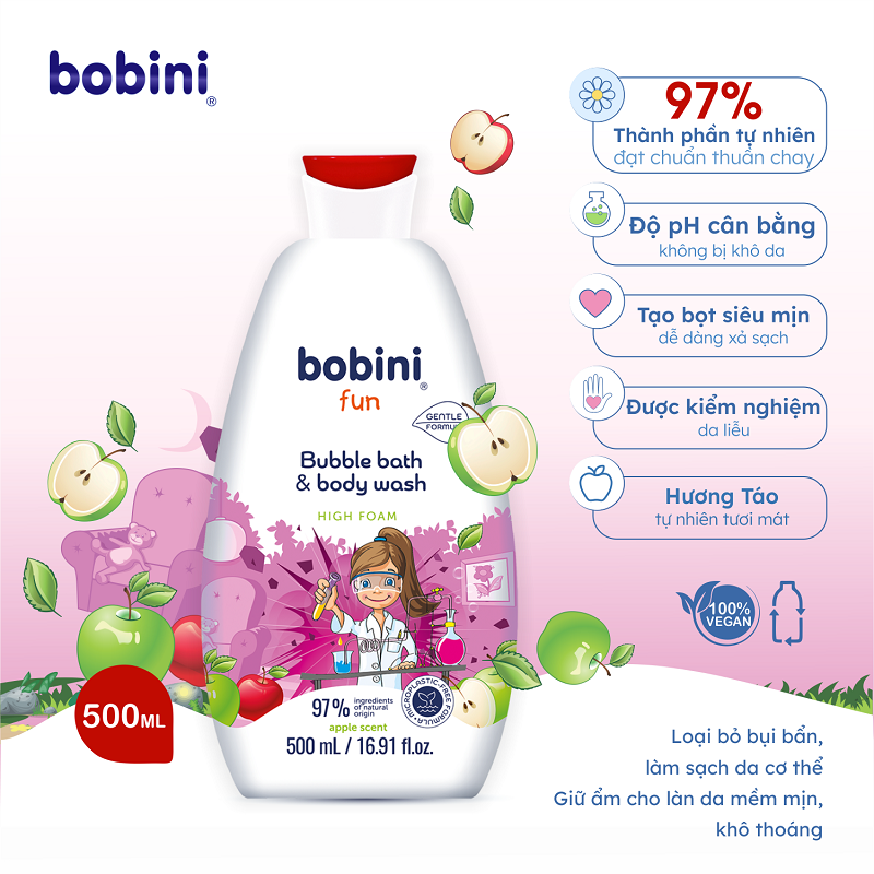 Gel tắm trẻ em tạo bọt Bobini Fun mềm mịn hương táo 1+ tuổi 500ML 1