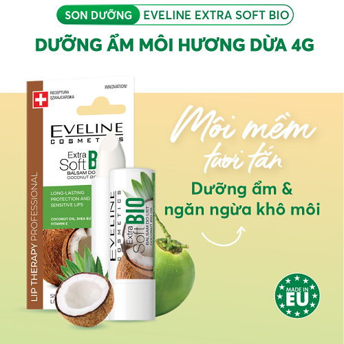 Son dưỡng Eveline Extra Soft Bio dưỡng ẩm môi hương dừa 4g 1