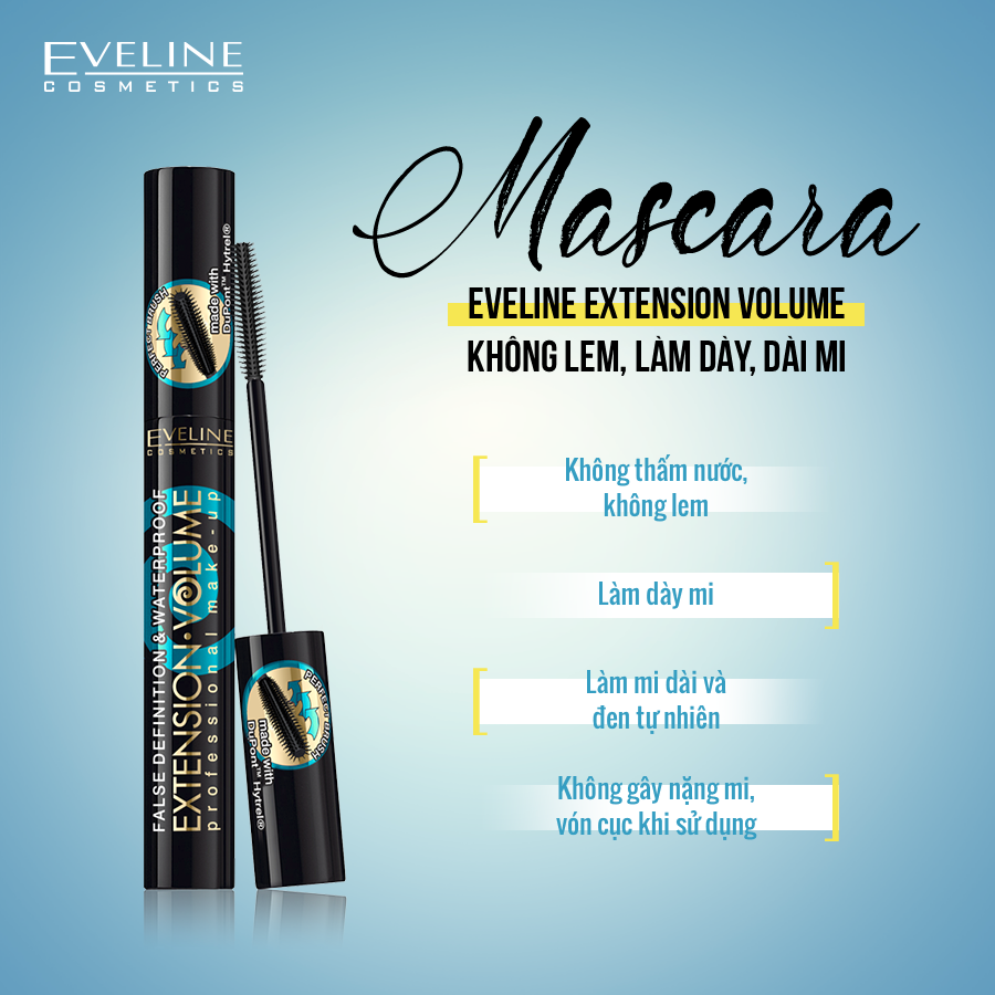 Mascara Eveline Extension Volume không lem, làm dày, dài mi 10ML 1