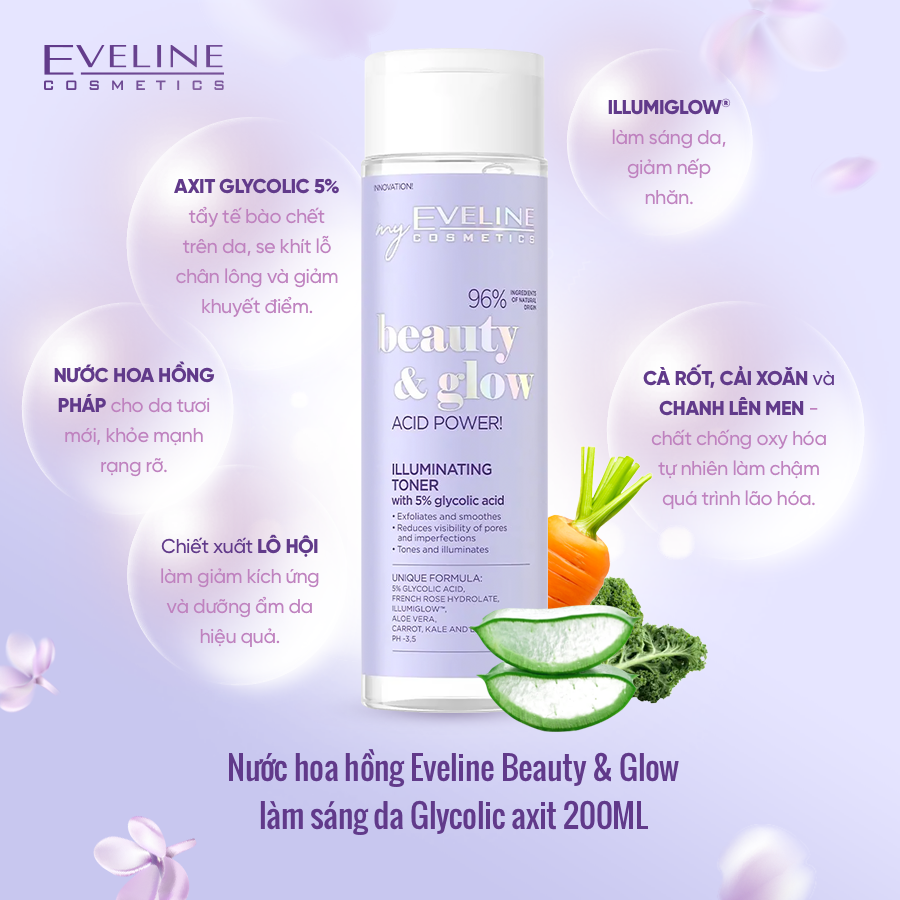 Nước hoa hồng Eveline Beauty & Glow làm sáng da Glycolic axit 200ML 1