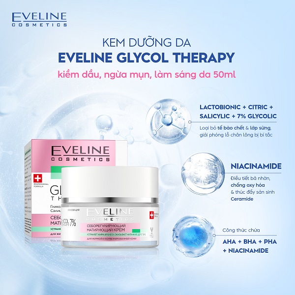 Kem dưỡng da Eveline Glycol Therapy kiềm dầu, ngừa mụn, làm sáng da 50ML 1