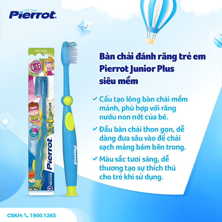 Bàn chải đánh răng trẻ em Pierrot Junior Plus siêu mềm 1