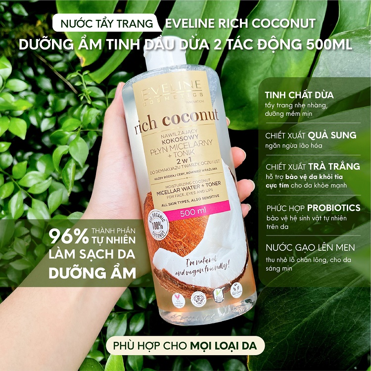 Nước tẩy trang Eveline Rich Coconut dưỡng ẩm tinh dầu dừa 2 tác động 500ML 2