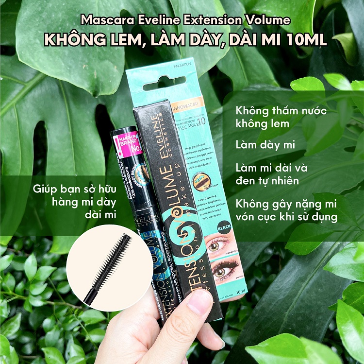 Mascara Eveline Extension Volume không lem, làm dày, dài mi 10ML 2