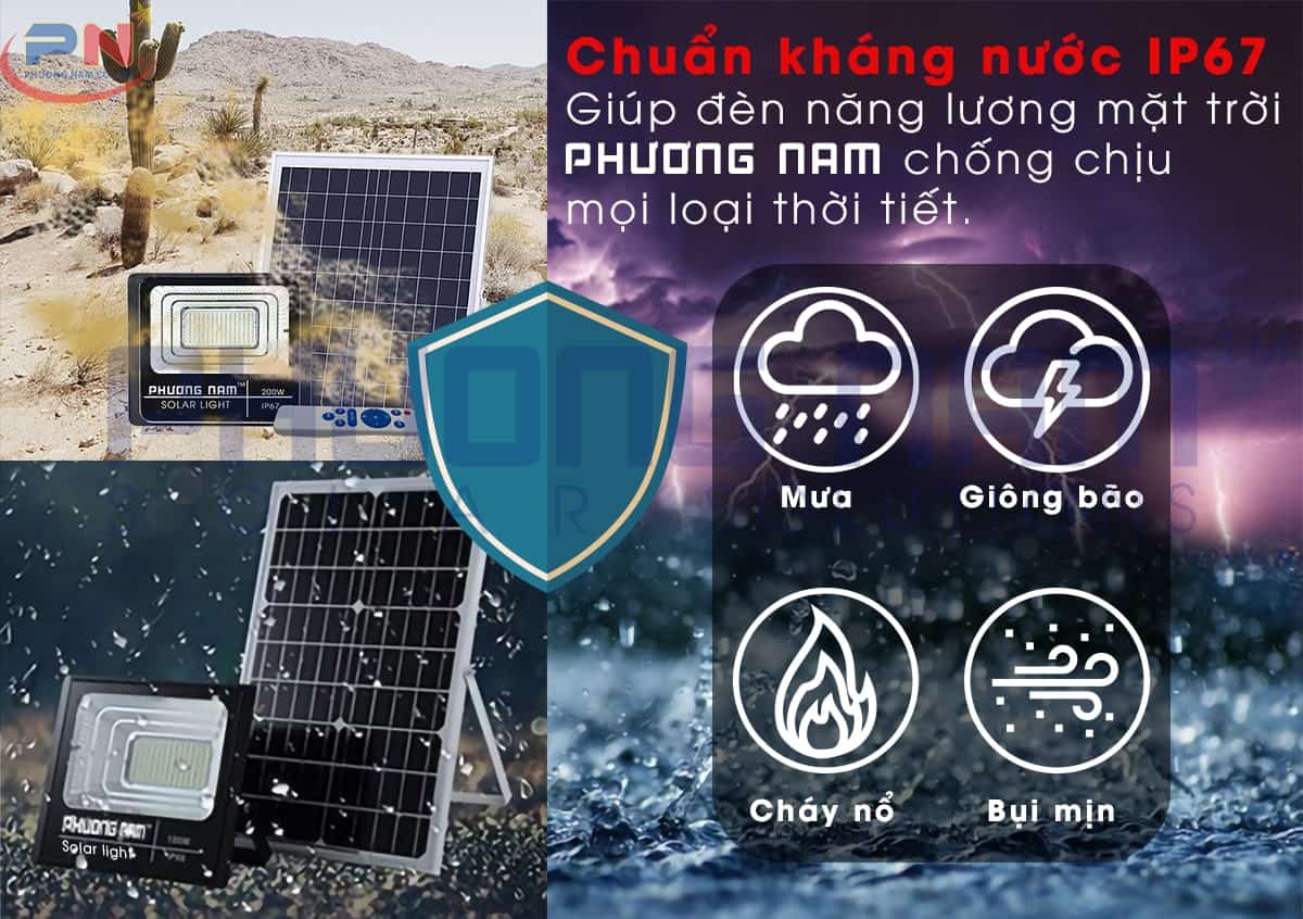 Đèn năng lượng mặt trời Phương Nam Solar chuẩn quốc tế IP67 có khả năng kháng nước và chống bụi tốt