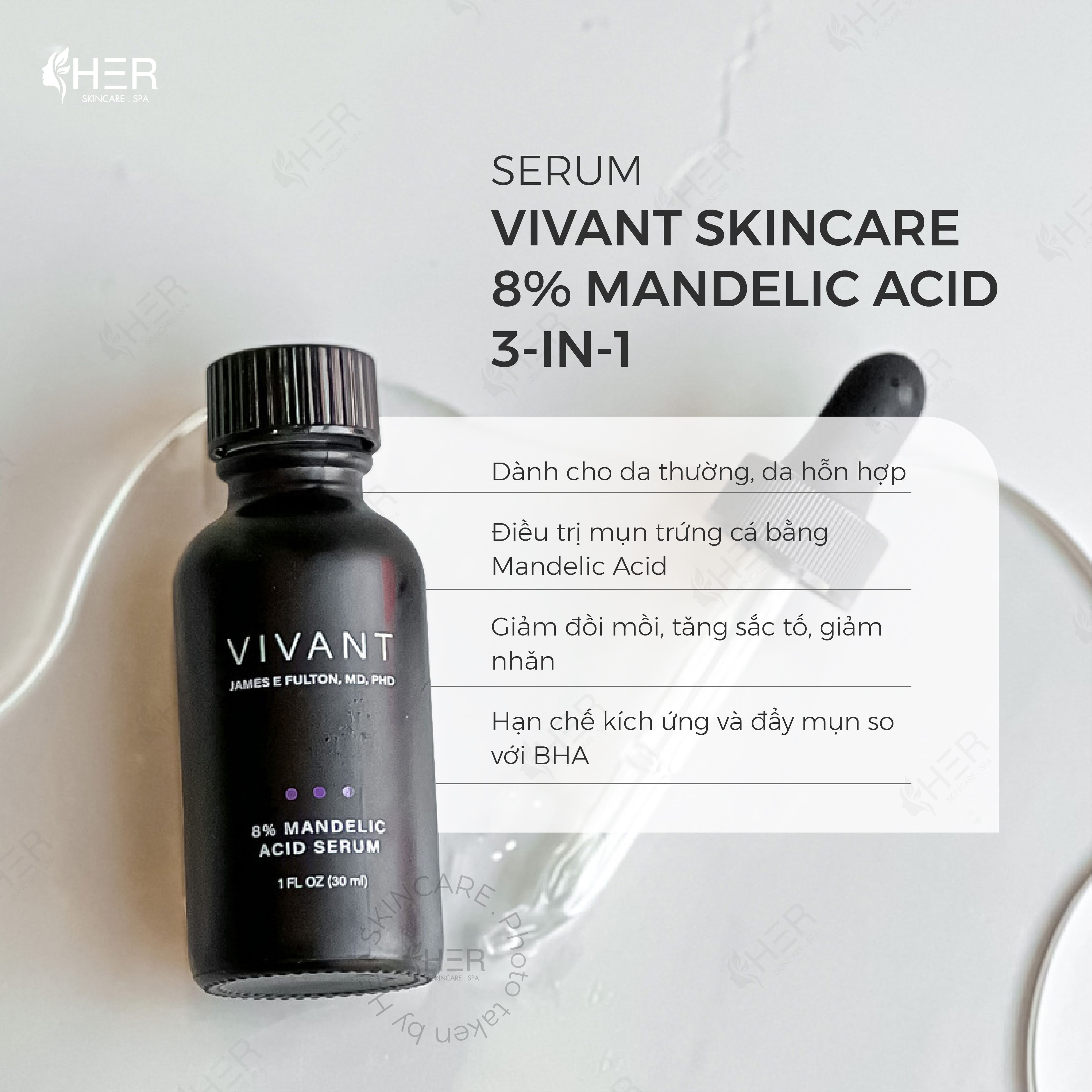 Công dụng chính của Vivant Skincare 8% Mandelic Acid 3-In-1 Serum: - Giảm mụn, kháng viêm ngừa thâm và chống lão hóa. - Thúc đẩy tái tạo tế bào làm sáng da, mang lại kết cấu mịn màng. - Làm thông thoáng và ngăn ngừa bít tắc lỗ chân lông. - Làm giảm nếp nhăn hiệu quả và chống oxy hóa. Ẩn bớt Bình luận