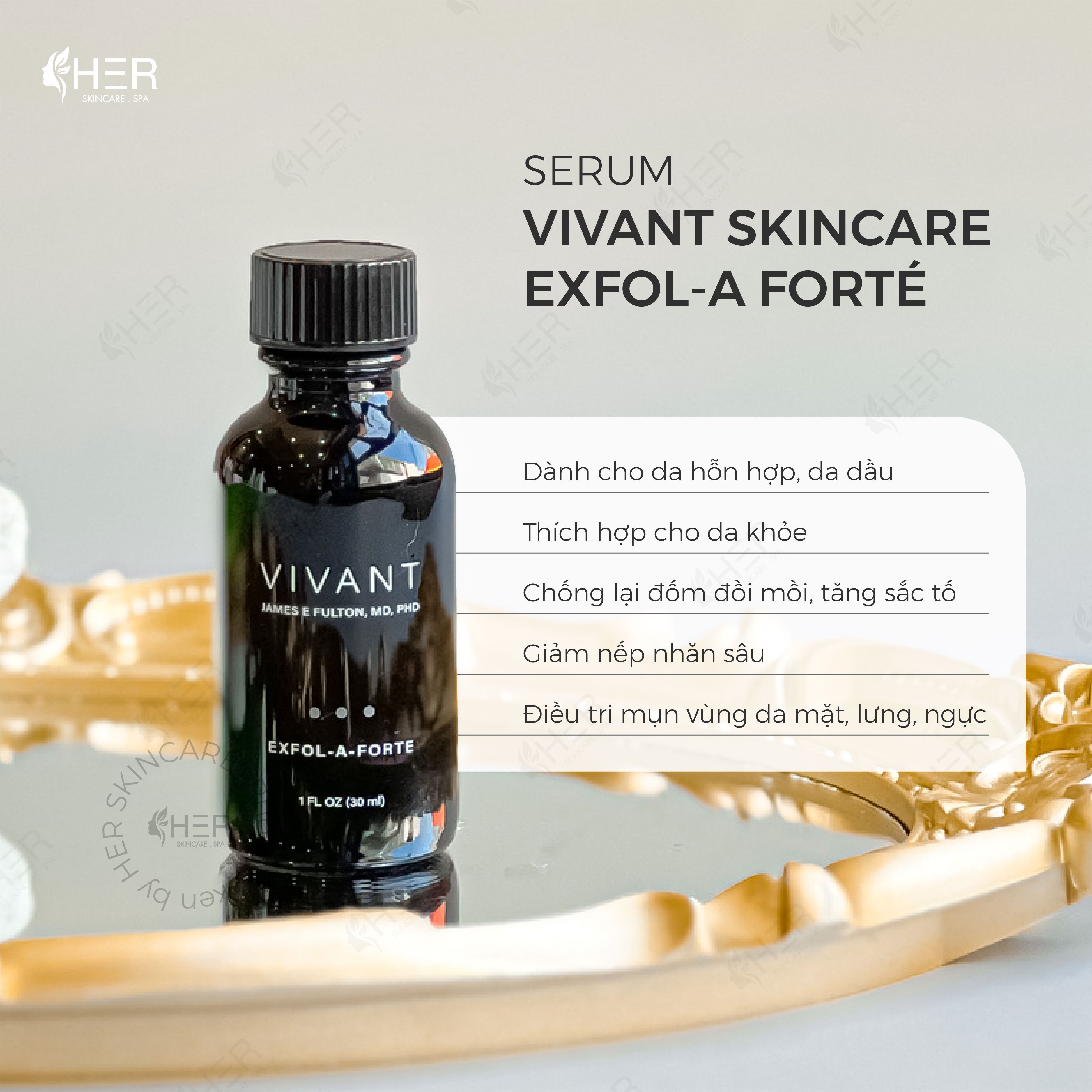 Công dụng chính của Vivant Skin Care Exfol-A Forte:  - Hỗ trợ điều trị mụn trứng cá và giảm tình trạng tăng sắc tố.  - Tẩy da chết nhẹ nhàng, loại bỏ vết sần sùi mà không gây kích ứng.  - Làm mờ các rãnh nhăn và ngăn chặn lão hóa sớm.  - Làm sáng và làm mịn kết cấu da.  - Tăng cường độ săn chắc của da, tinh chỉnh lỗ chân lông.