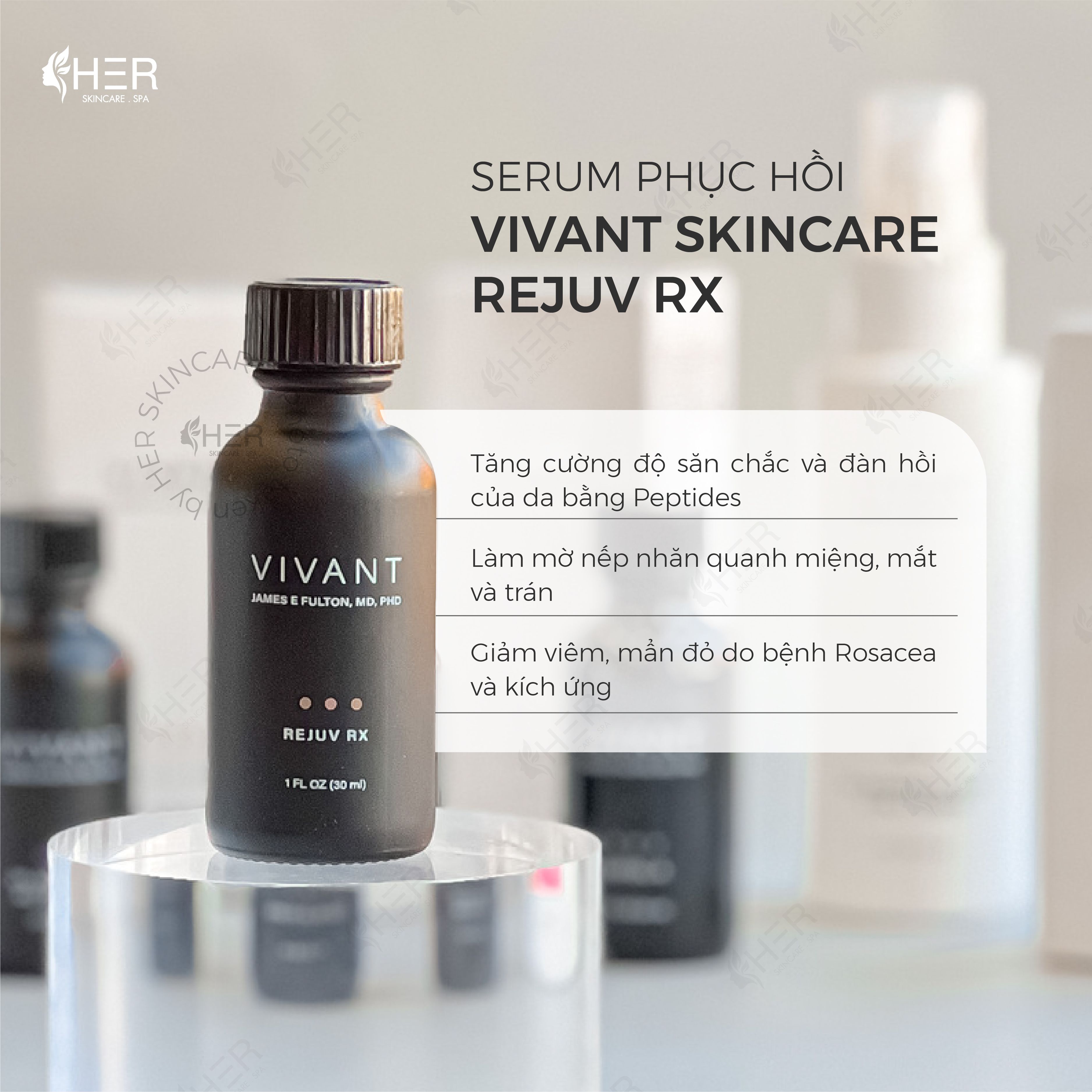 Công dụng chính của Vivant Skincare Rejuv Rxrejuv Rx: - Phục hồi một làn da, tăng độ đàn hồi và trẻ trung. - Làm đầy các rãnh nhăn, ngăn ngừa các dấu hiệu lão hóa. - Kch hoạt collagen và axit Hyluronic cho làn da mịn màng. - Làm dịu, giảm đỏ và chống viêm. - Loại da: Khuyên dùng cho mọi loại da