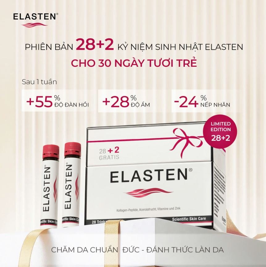 Nước uống đẹp da, chống lão hóa Elasten Trinkampullen Collagen 28 ống x25ml + 2 (Bản giới hạn) (R) (HSD: 10/27)