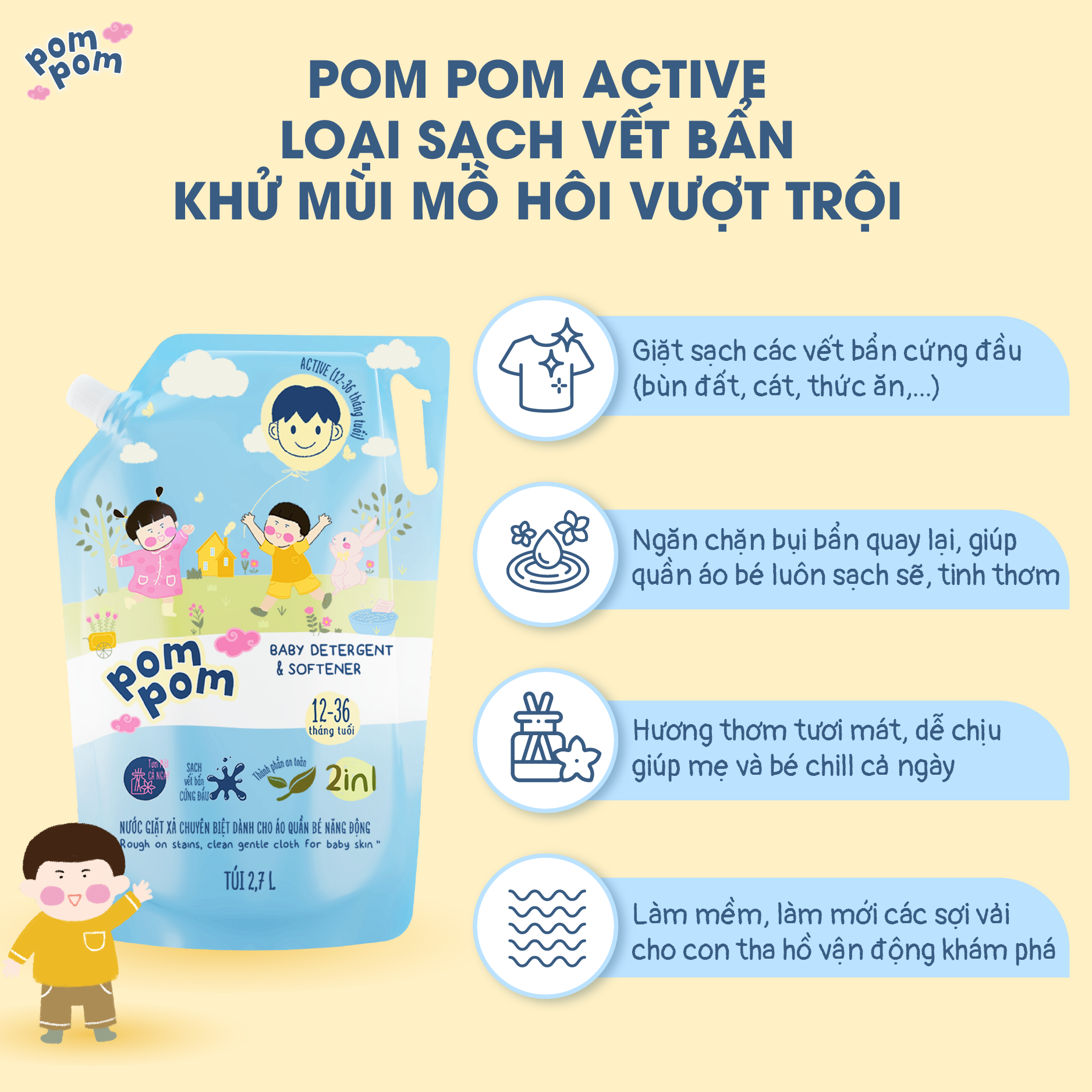 Combo 2 Túi 2.7L Pom Pom Active - Gel Giặt Xả Cho Bé Từ 1 Tuổi & Cả Nhà