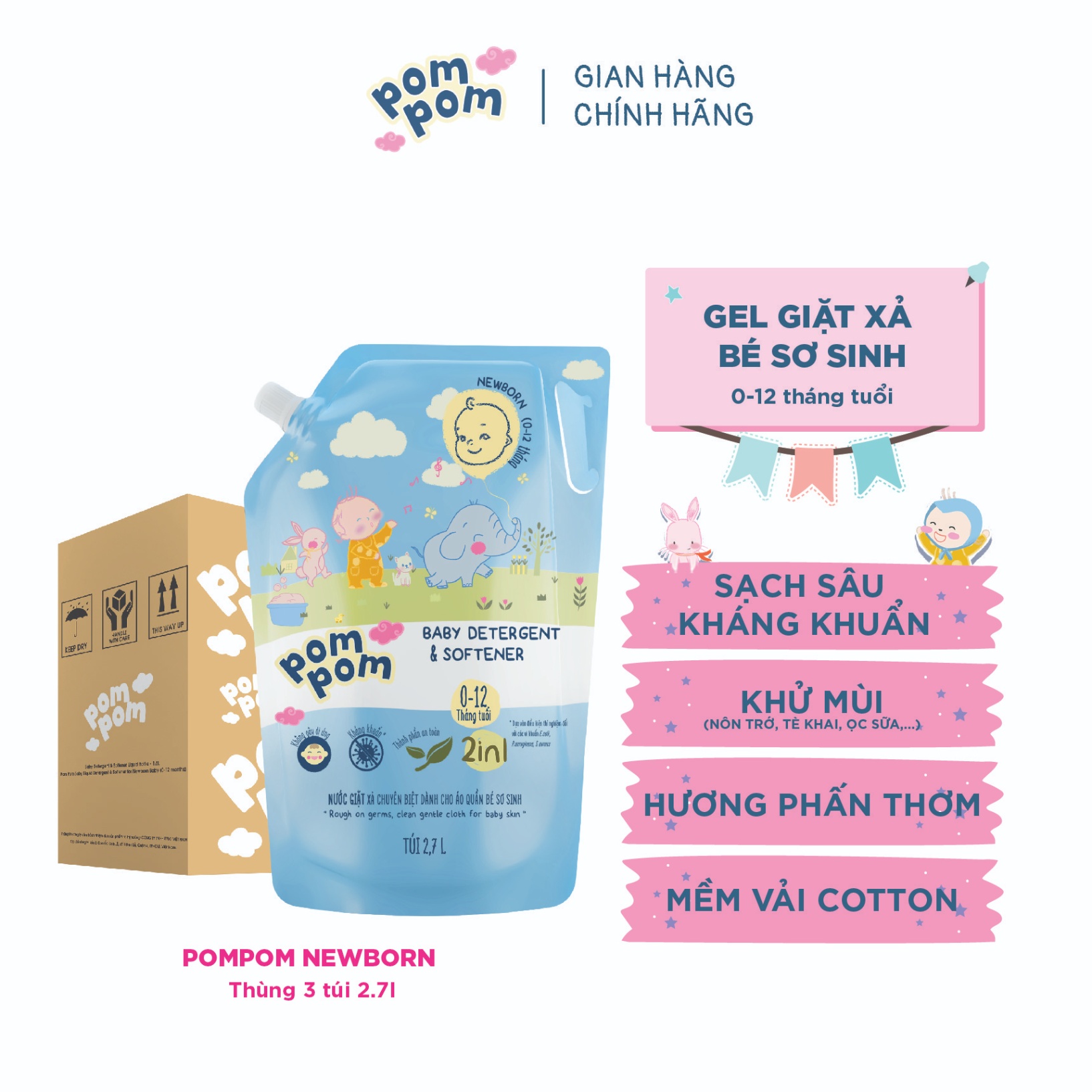 Thùng 3 Túi 2.7L Pom Pom Newborn - Gel Giặt Xả Cho Bé Sơ Sinh 0 - 12 Tháng